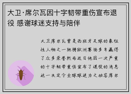 大卫·席尔瓦因十字韧带重伤宣布退役 感谢球迷支持与陪伴 大卫·席尔瓦因十字韧带重伤宣布退役 感谢球迷支持与陪伴