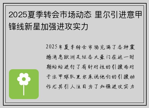 2025夏季转会市场动态 里尔引进意甲锋线新星加强进攻实力
