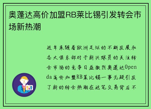 奥蓬达高价加盟RB莱比锡引发转会市场新热潮