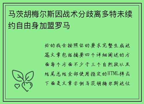 马茨胡梅尔斯因战术分歧离多特未续约自由身加盟罗马