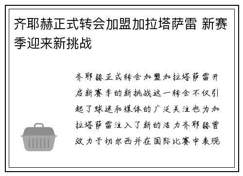 齐耶赫正式转会加盟加拉塔萨雷 新赛季迎来新挑战